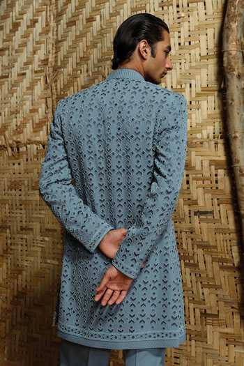 Shop_Amaare_Blue Silk, Chanderi, Wool Beads, Gota Patti Fateh Embroidered Sherwani Set _at_Aza_Fashions
