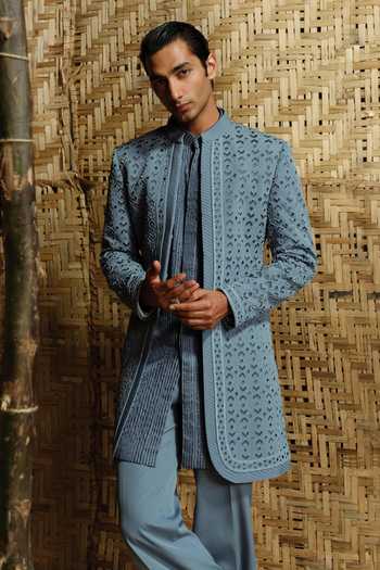 Buy_Amaare_Blue Silk, Chanderi, Wool Beads, Gota Patti Fateh Embroidered Sherwani Set _Online_at_Aza_Fashions