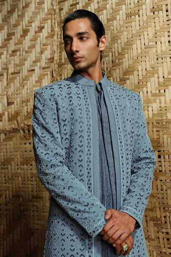 Shop_Amaare_Blue Silk, Chanderi, Wool Beads, Gota Patti Fateh Embroidered Sherwani Set _Online_at_Aza_Fashions