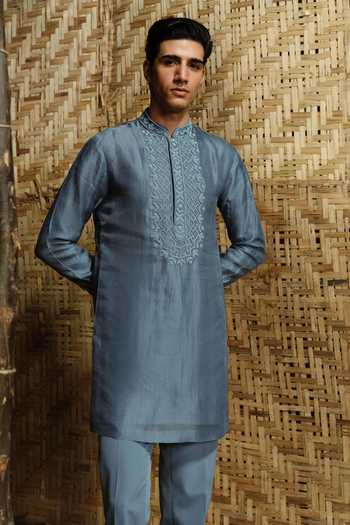 Amaare_Blue Silk, Chanderi, Wool Beads, Baaj Hand Embroidered Bandhgala And Kurta Set _Online_at_Aza_Fashions