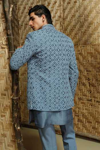 Shop_Amaare_Blue Silk, Chanderi, Wool Beads, Baaj Hand Embroidered Bandhgala And Kurta Set _at_Aza_Fashions