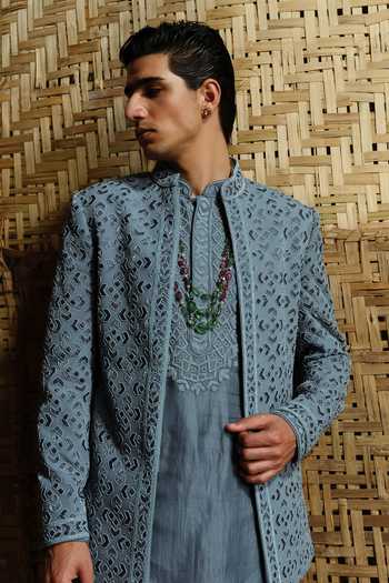 Buy_Amaare_Blue Silk, Chanderi, Wool Beads, Baaj Hand Embroidered Bandhgala And Kurta Set _Online_at_Aza_Fashions