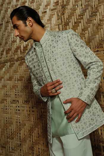 Shop_Amaare_Green Silk, Chanderi, Wool Embroidery, Sequins Majaj Thread Work Bandhgala Set _at_Aza_Fashions
