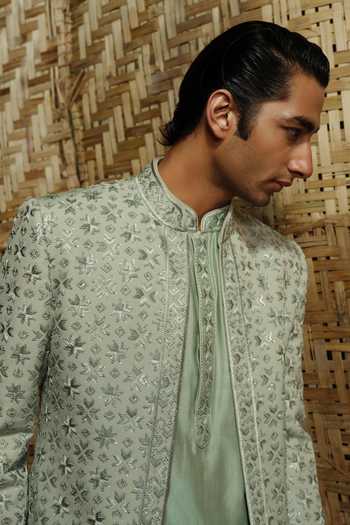 Amaare_Green Silk, Chanderi, Wool Embroidery, Sequins Majaj Thread Work Bandhgala Set _Online_at_Aza_Fashions