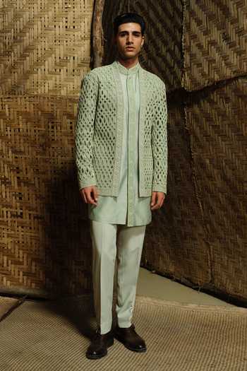 Buy_Amaare_Green Silk, Chanderi, Wool Embroidery, Beads, Katt Vadd Glass Bandhgala Set _at_Aza_Fashions