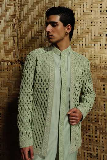 Amaare_Green Silk, Chanderi, Wool Embroidery, Beads, Katt Vadd Glass Bandhgala Set _Online_at_Aza_Fashions