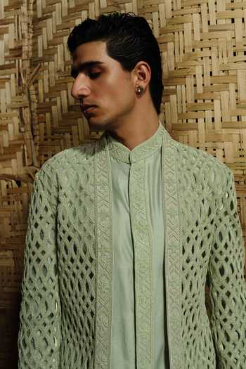 Buy_Amaare_Green Silk, Chanderi, Wool Embroidery, Beads, Katt Vadd Glass Bandhgala Set _Online_at_Aza_Fashions