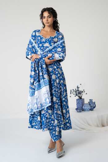 Baise Gaba_Blue Cotton, Modal Beads, Mirrors Square Neck Nabh Printed Anarkali Set _Online_at_Aza_Fashions
