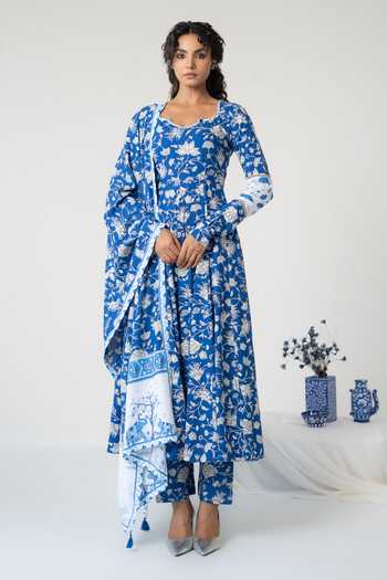 Buy_Baise Gaba_Blue Cotton, Modal Beads, Mirrors Square Neck Nabh Printed Anarkali Set _Online_at_Aza_Fashions