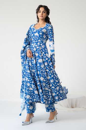 Baise Gaba_Blue Cotton, Modal Beads, Mirrors Square Neck Nabh Printed Anarkali Set _at_Aza_Fashions