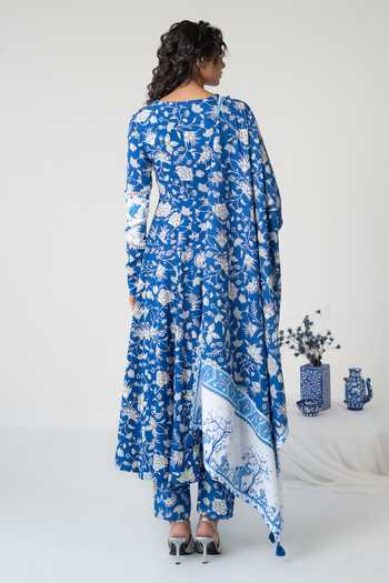 Shop_Baise Gaba_Blue Cotton, Modal Beads, Mirrors Square Neck Nabh Printed Anarkali Set _at_Aza_Fashions