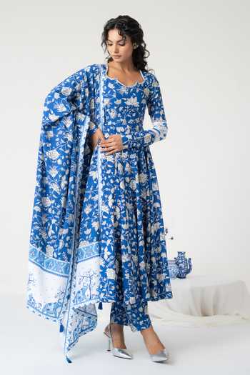 Baise Gaba_Blue Cotton, Modal Beads, Mirrors Square Neck Nabh Printed Anarkali Set _Online