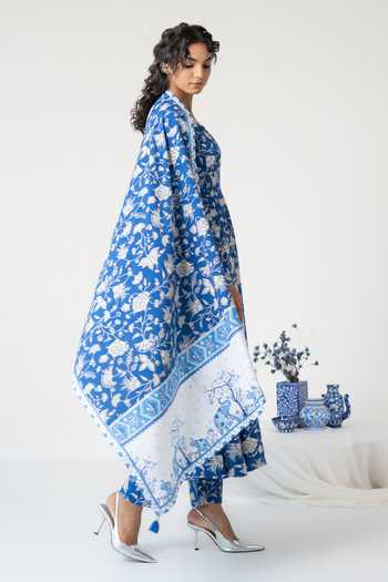 Buy_Baise Gaba_Blue Cotton, Modal Beads, Mirrors Square Neck Nabh Printed Anarkali Set _Online