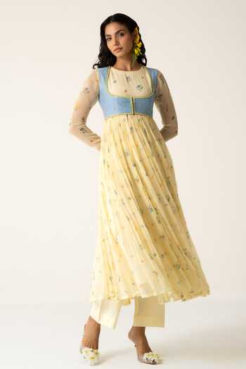 Baise Gaba_Yellow Chiffon, Muslin, Cotton, Modal Flora Print Anarkali Set With Jacket _Online_at_Aza_Fashions