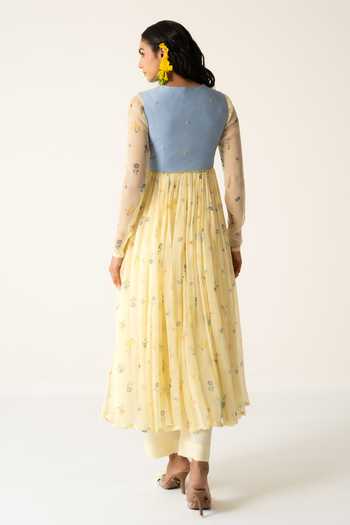 Shop_Baise Gaba_Yellow Chiffon, Muslin, Cotton, Modal Flora Print Anarkali Set With Jacket _at_Aza_Fashions