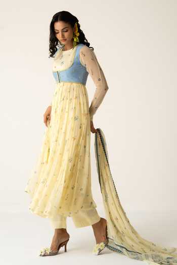 Buy_Baise Gaba_Yellow Chiffon, Muslin, Cotton, Modal Flora Print Anarkali Set With Jacket _Online_at_Aza_Fashions