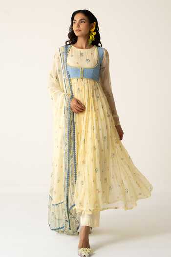 Buy_Baise Gaba_Yellow Chiffon, Muslin, Cotton, Modal Flora Print Anarkali Set With Jacket _at_Aza_Fashions