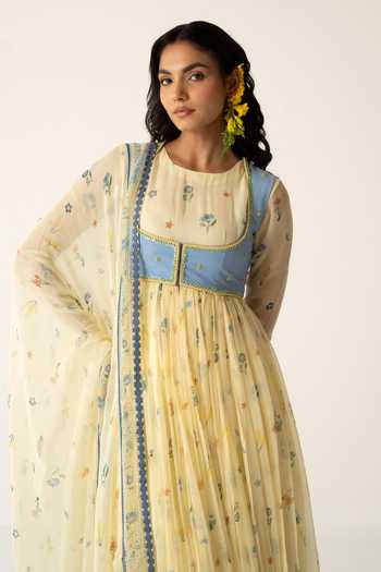 Shop_Baise Gaba_Yellow Chiffon, Muslin, Cotton, Modal Flora Print Anarkali Set With Jacket _Online_at_Aza_Fashions