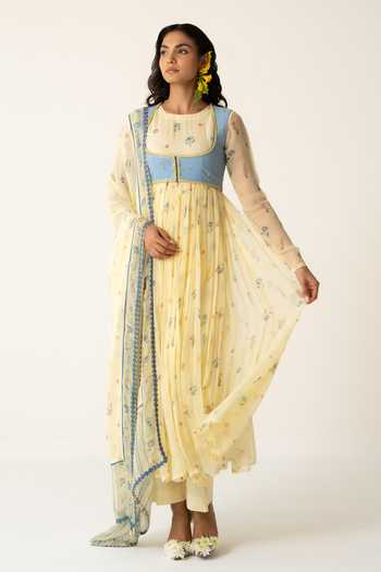 Baise Gaba_Yellow Chiffon, Muslin, Cotton, Modal Flora Print Anarkali Set With Jacket _at_Aza_Fashions