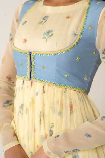 Buy_Baise Gaba_Yellow Chiffon, Muslin, Cotton, Modal Flora Print Anarkali Set With Jacket 