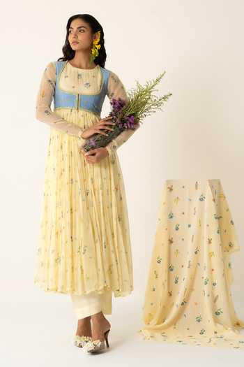 Shop_Baise Gaba_Yellow Chiffon, Muslin, Cotton, Modal Flora Print Anarkali Set With Jacket 