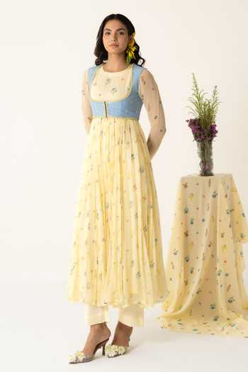 Baise Gaba_Yellow Chiffon, Muslin, Cotton, Modal Flora Print Anarkali Set With Jacket _Online