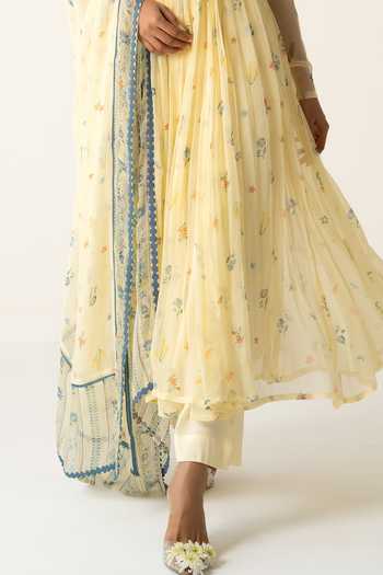 Buy_Baise Gaba_Yellow Chiffon, Muslin, Cotton, Modal Flora Print Anarkali Set With Jacket _Online
