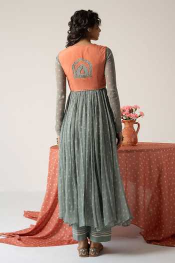 Shop_Baise Gaba_Green Chiffon, Muslin Embroidery Nayab Bandhej Print Anarkali Set With Jacket _at_Aza_Fashions
