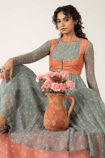 Shop_Baise Gaba_Green Chiffon, Muslin Embroidery Nayab Bandhej Print Anarkali Set With Jacket _Online_at_Aza_Fashions
