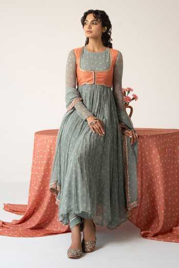 Baise Gaba_Green Chiffon, Muslin Embroidery Nayab Bandhej Print Anarkali Set With Jacket _at_Aza_Fashions