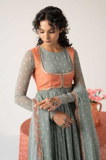 Buy_Baise Gaba_Green Chiffon, Muslin Embroidery Nayab Bandhej Print Anarkali Set With Jacket 