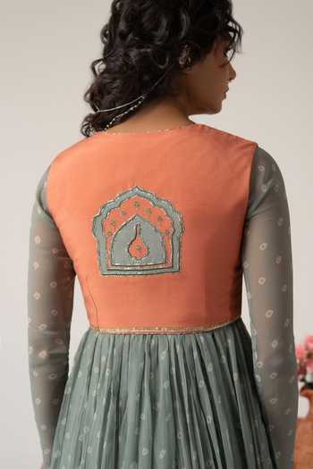 Shop_Baise Gaba_Green Chiffon, Muslin Embroidery Nayab Bandhej Print Anarkali Set With Jacket 