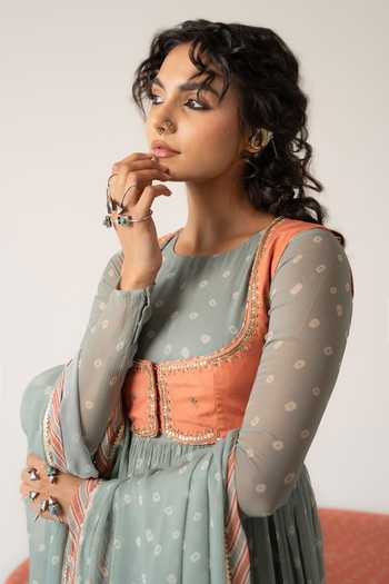 Buy_Baise Gaba_Green Chiffon, Muslin Embroidery Nayab Bandhej Print Anarkali Set With Jacket _Online