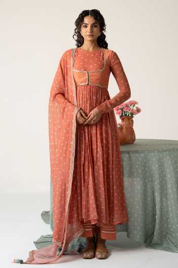 Buy_Baise Gaba_Orange Chiffon, Muslin Crew Neck, Scoop Rohiva Printed Anarkali Set With Jacket _at_Aza_Fashions