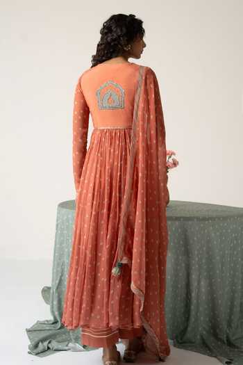 Shop_Baise Gaba_Orange Chiffon, Muslin Crew Neck, Scoop Rohiva Printed Anarkali Set With Jacket _at_Aza_Fashions