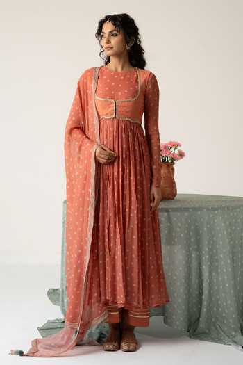 Baise Gaba_Orange Chiffon, Muslin Crew Neck, Scoop Rohiva Printed Anarkali Set With Jacket _Online_at_Aza_Fashions