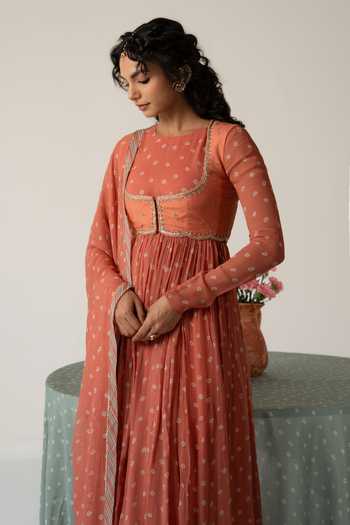 Buy_Baise Gaba_Orange Chiffon, Muslin Crew Neck, Scoop Rohiva Printed Anarkali Set With Jacket _Online_at_Aza_Fashions