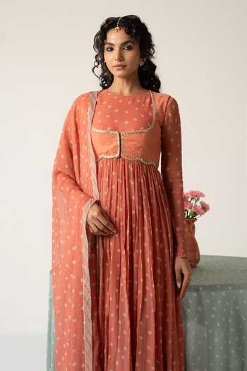 Shop_Baise Gaba_Orange Chiffon, Muslin Crew Neck, Scoop Rohiva Printed Anarkali Set With Jacket _Online_at_Aza_Fashions
