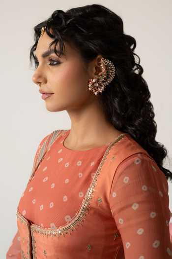 Baise Gaba_Orange Chiffon, Muslin Crew Neck, Scoop Rohiva Printed Anarkali Set With Jacket _at_Aza_Fashions