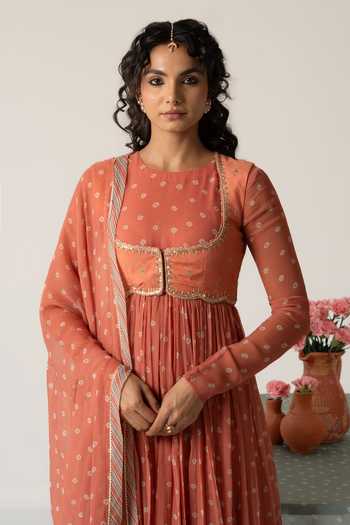 Buy_Baise Gaba_Orange Chiffon, Muslin Crew Neck, Scoop Rohiva Printed Anarkali Set With Jacket 