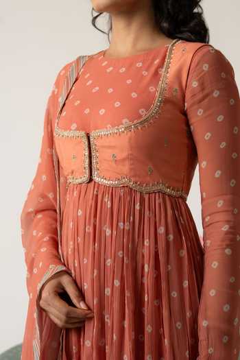 Shop_Baise Gaba_Orange Chiffon, Muslin Crew Neck, Scoop Rohiva Printed Anarkali Set With Jacket 
