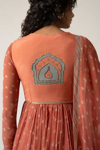 Baise Gaba_Orange Chiffon, Muslin Crew Neck, Scoop Rohiva Printed Anarkali Set With Jacket _Online