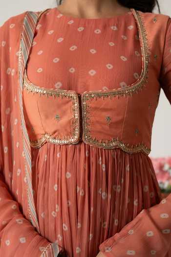 Buy_Baise Gaba_Orange Chiffon, Muslin Crew Neck, Scoop Rohiva Printed Anarkali Set With Jacket _Online