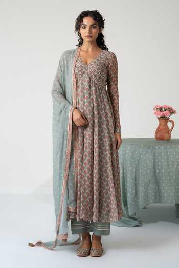 Buy_Baise Gaba_Multi Color Chiffon, Muslin Embroidery V-neck Noorani Fish Print Anarkali Set _Online_at_Aza_Fashions