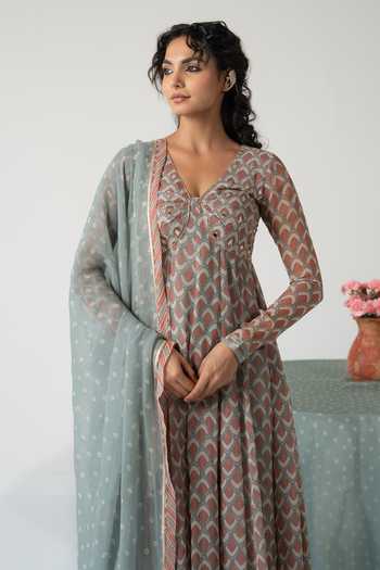 Buy_Baise Gaba_Multi Color Chiffon, Muslin Embroidery V-neck Noorani Fish Print Anarkali Set 
