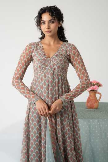 Shop_Baise Gaba_Multi Color Chiffon, Muslin Embroidery V-neck Noorani Fish Print Anarkali Set 