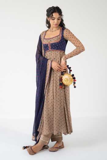 BAISE GABA_Beige Chiffon, Muslin Embroidery, Printed Square Veena Anarkali Set With Jacket _Online_at_Aza_Fashions