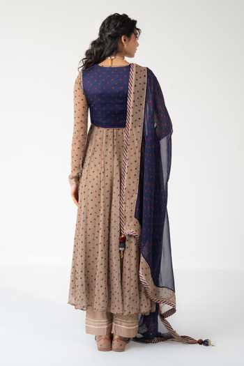 Shop_BAISE GABA_Beige Chiffon, Muslin Embroidery, Printed Square Veena Anarkali Set With Jacket _at_Aza_Fashions