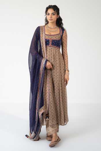 Buy_BAISE GABA_Beige Chiffon, Muslin Embroidery, Printed Square Veena Anarkali Set With Jacket _Online_at_Aza_Fashions