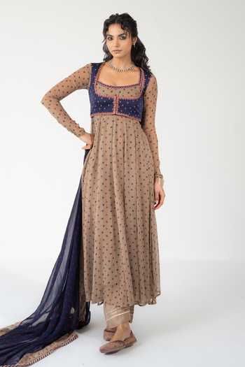 Shop_BAISE GABA_Beige Chiffon, Muslin Embroidery, Printed Square Veena Anarkali Set With Jacket _Online_at_Aza_Fashions
